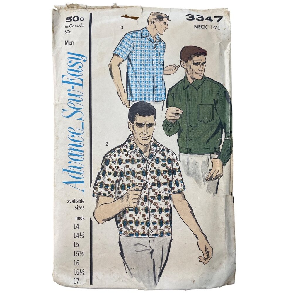 Vintage Advance Sew Easy Mens Shirt Pattern 3347 Neck 14.5 Multiple Views CUT